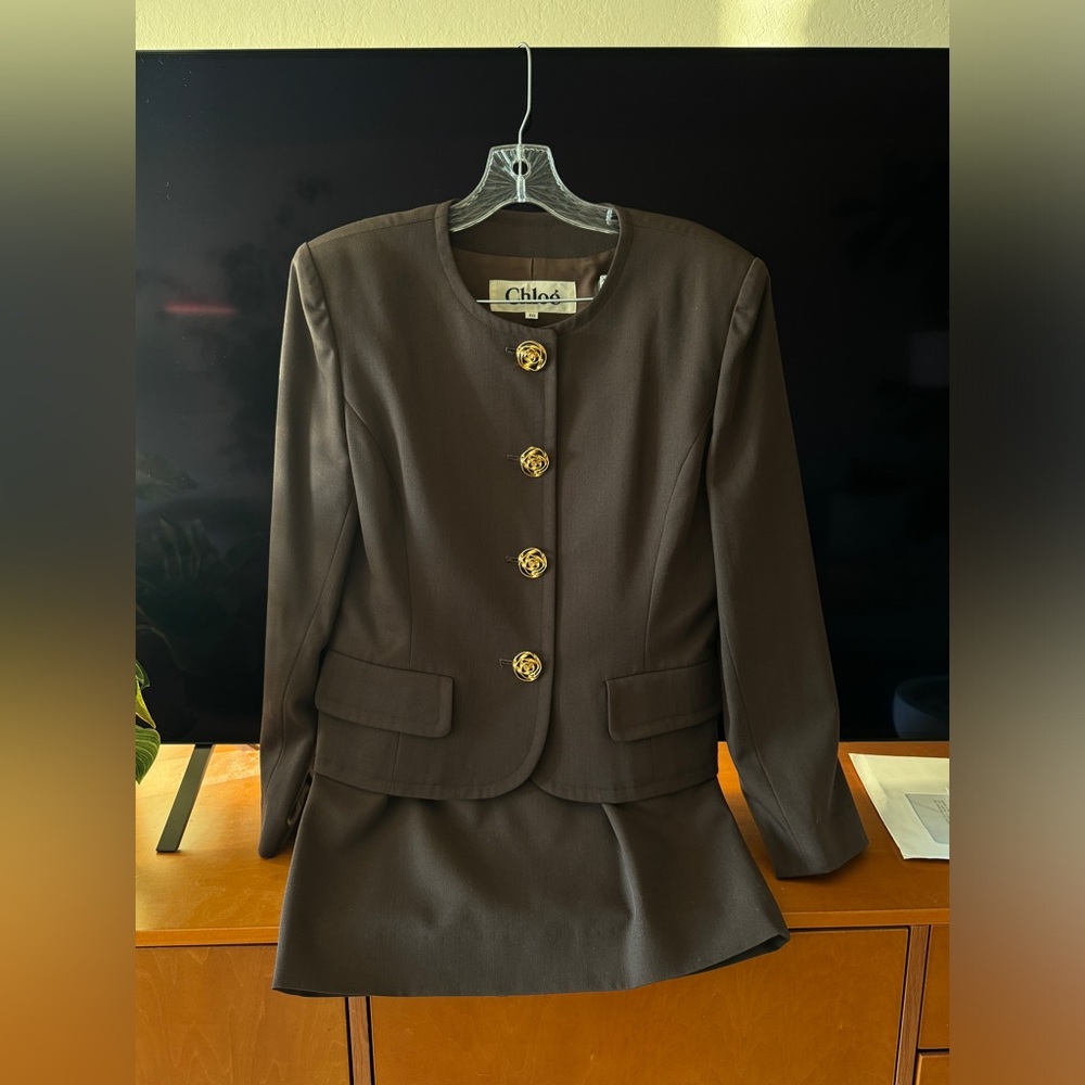Vintage Chloé Olive-Brown Skirt Suit | Gold Rose Buttons | EU 40 (US 8-10)